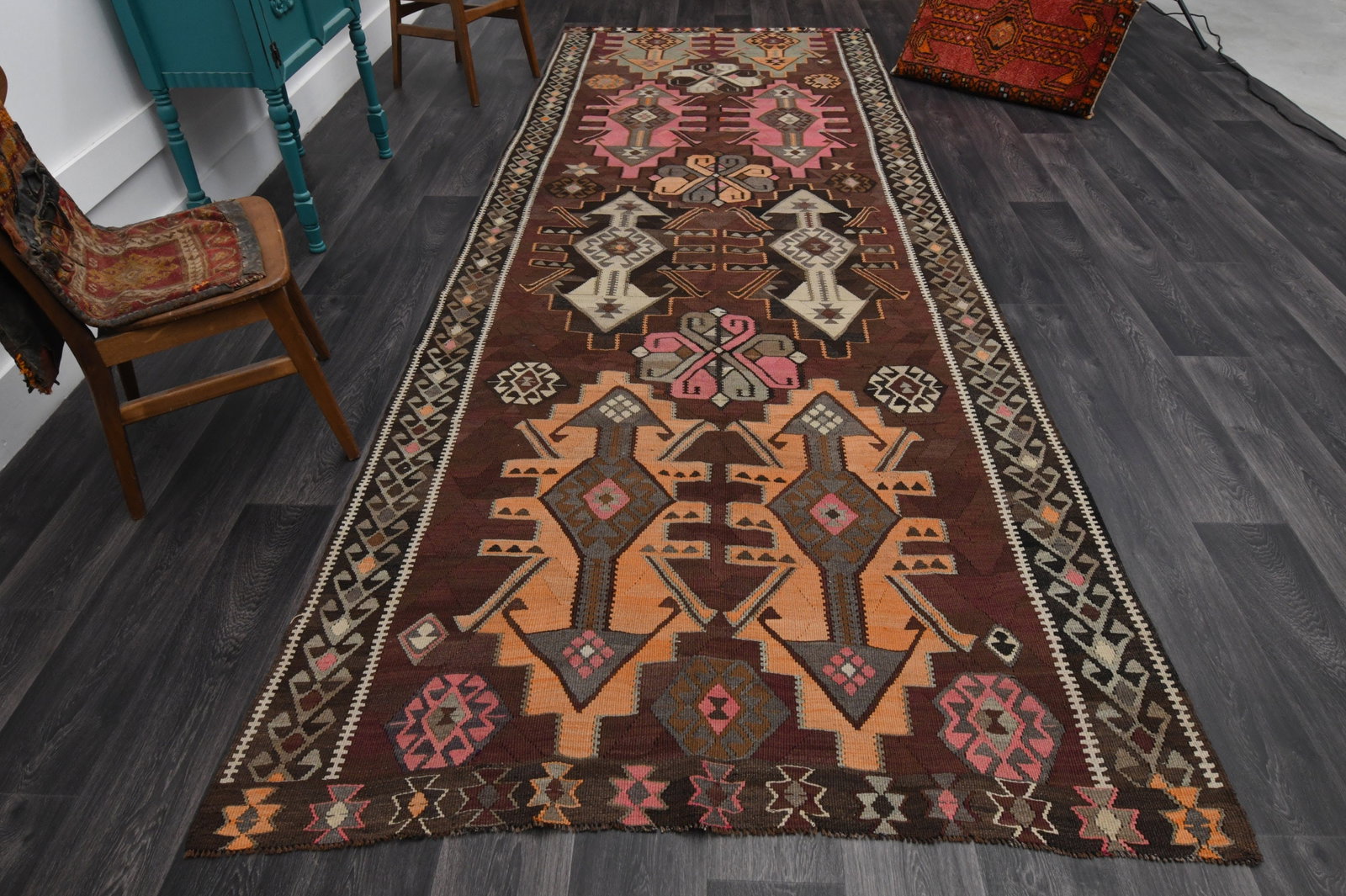 5.3x13.7 ft, TURKISH WIDE KILIM Runner: Title: 5.3x13.7 ft, TURKISH WIDE KILIM Runner Description: This Turkish one-of-a-kind Vintage Flatweave Kilim Rug is hand-knotted and handwoven by the most skilled artisans who use pure wool, in vibra