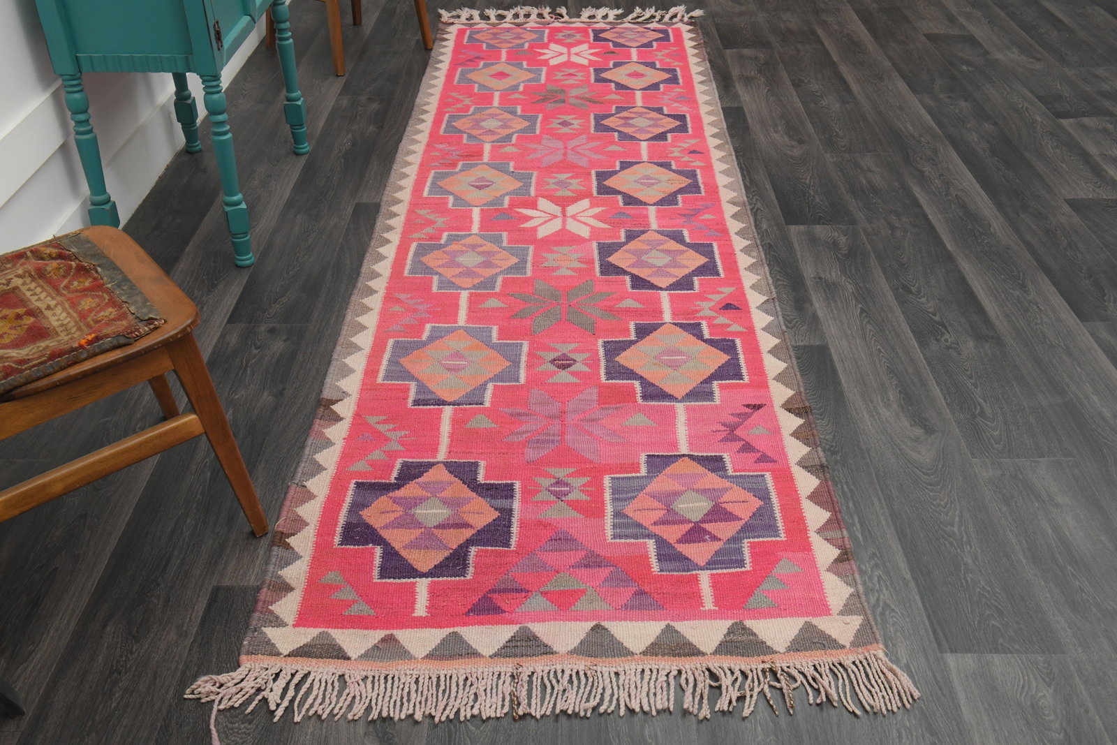 3.4x11.2 ft, TURKISH KILIM Runner: Title: 3.4x11.2 ft, TURKISH KILIM Runner Description: This Turkish one-of-a-kind Vintage Flatweave Kilim Rug is hand-knotted and handwoven by the most skilled artisans who use pure wool, in vibrant, n