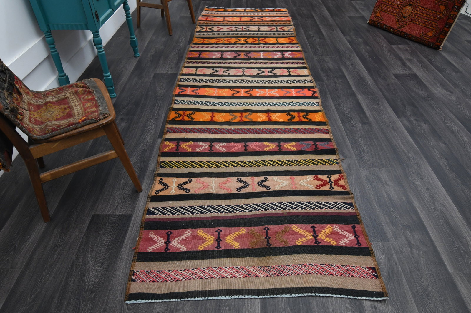 3.5x12.2 ft, TURKISH KILIM Runner: Title: 3.5x12.2 ft, TURKISH KILIM Runner Description: This Turkish one-of-a-kind Vintage Flatweave Kilim Rug is hand-knotted and handwoven by the most skilled artisans who use pure wool, in vibrant, n