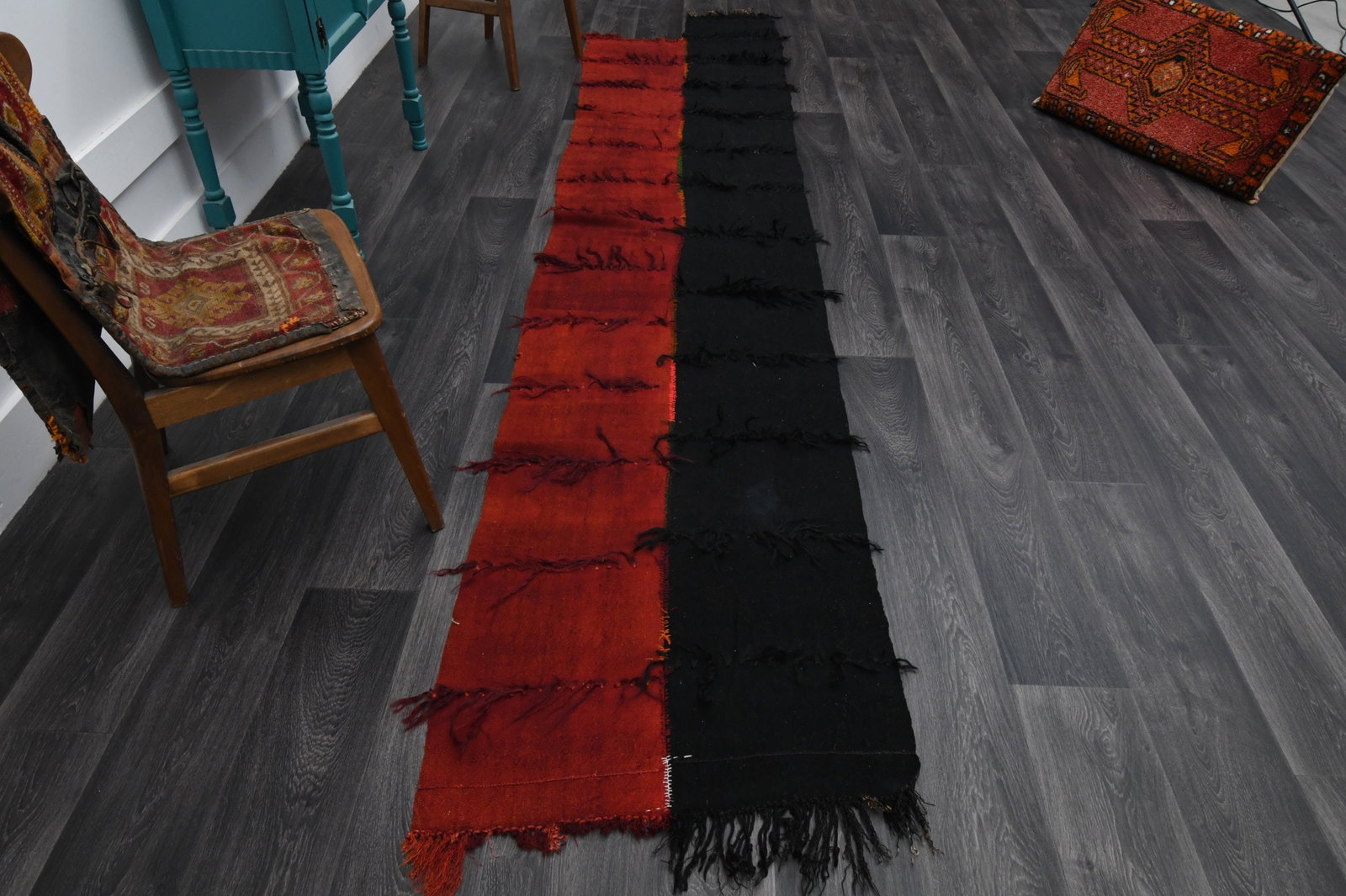 3x11.5 ft, BLACK & RED TURKISH Kilim Runner: Title: 3x11.5 ft, BLACK & RED TURKISH Kilim Runner Description: This Turkish one-of-a-kind Vintage Flatweave Kilim Rug is hand-knotted and handwoven by the most skilled artisans who use pure wool, in