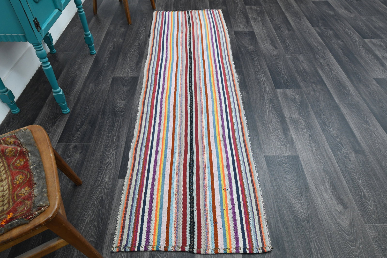 2.4x8.1 ft, Striped Kilim Rug: Title: 2.4x8.1 ft, Striped Kilim Rug Description: This Turkish one-of-a-kind Vintage Flatweave Kilim Rug is hand-knotted and handwoven by the most skilled artisans who use pure wool, in vibrant, natur