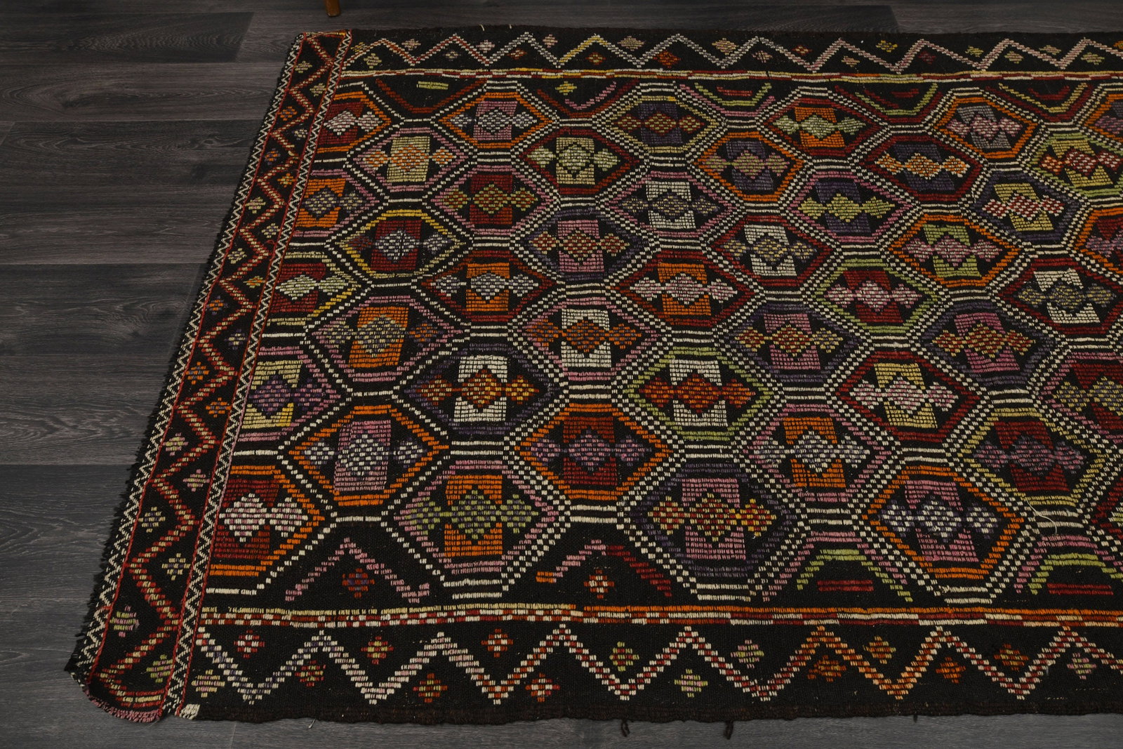 5x9 Black Colorful TURKISH Flatweave Kilim - 13