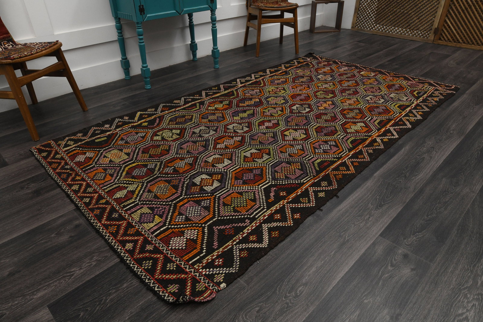 5x9 Black Colorful TURKISH Flatweave Kilim - 3