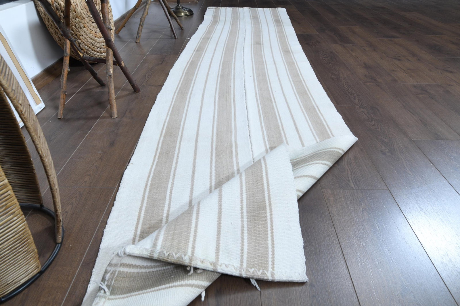 2.4x10.9 ft, WHITE BROWN RUNNER: Title: 2.4x10.9 ft, WHITE BROWN RUNNER Description: This Turkish one-of-a-kind Vintage Flatweave Kilim Rug is hand-knotted and handwoven by the most skilled artisans who use pure wool, in vibrant,