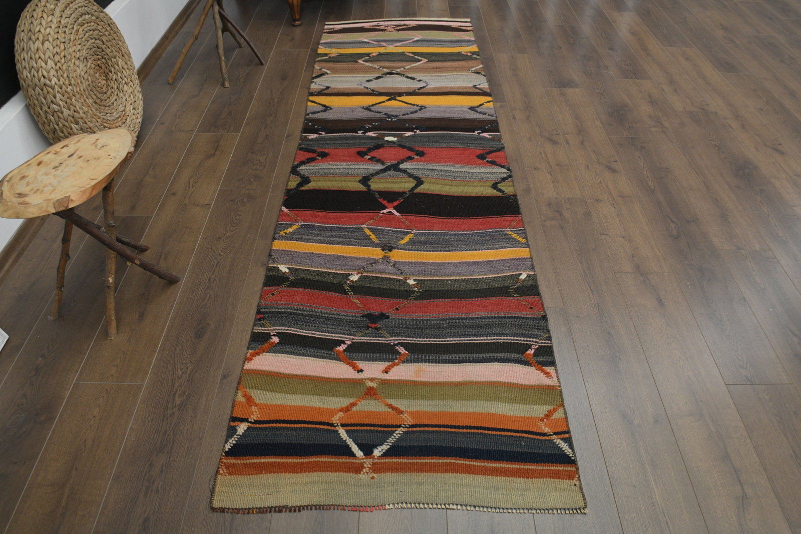 2'8x9 ft, STRIPED, RAINBOW COLORS: Title: 2'8x9 ft, STRIPED, RAINBOW COLORS Description: This Turkish one-of-a-kind Vintage Flatweave Kilim Rug is hand-knotted and handwoven by the most skilled artisans who use pure wool, in vibrant,
