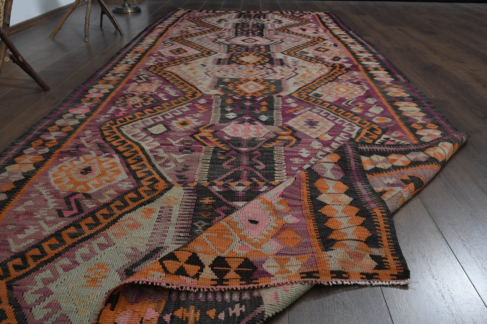 4'9x12'3 ft, COLORFUL KILIM RUNNER: Title: 4'9x12'3 ft, COLORFUL KILIM RUNNER Description: This Turkish one-of-a-kind Vintage Flatweave Kilim Rug is hand-knotted and handwoven by the most skilled artisans who use pure wool, in vibrant,