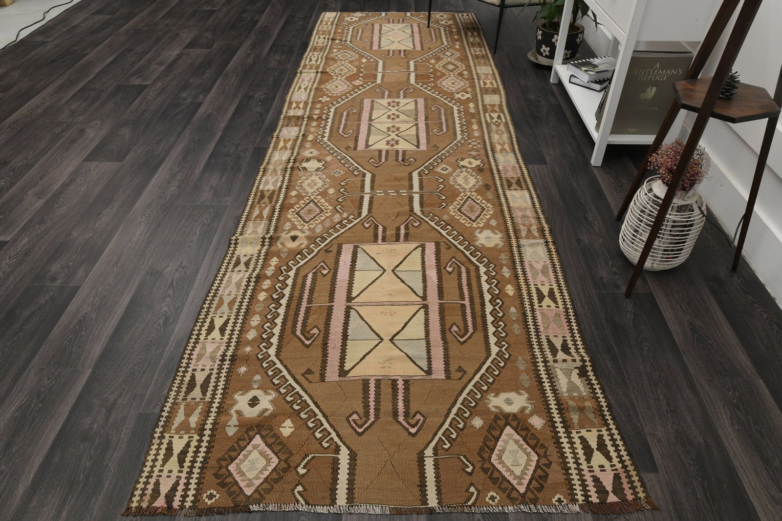 4.1x12.8 ft, WASHABLE KILIM DÉCOR: Title: 4.1x12.8 ft, WASHABLE KILIM DÉCOR Description: This Turkish one-of-a-kind Vintage Flatweave Kilim Rug is hand-knotted and handwoven by the most skilled artisans who use pure wool, in