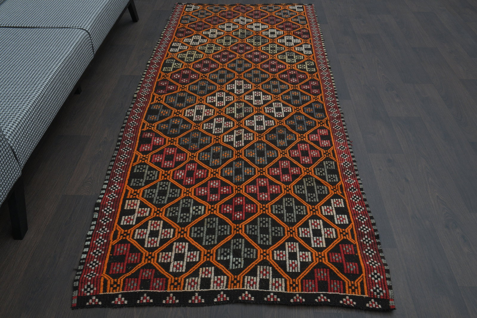 4x9 Vintage Rug Runner, Turkish: Title: 4x9 Vintage Rug Runner, Turkish Description: This Turkish one-of-a-kind Vintage Flatweave Kilim Rug is hand-knotted and handwoven by the most skilled artisans who use pure wool, in vibrant,