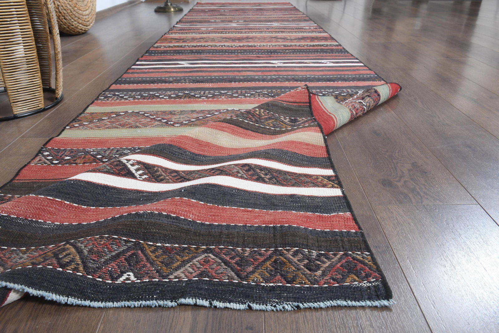 3'1x13'5 ft, TURKISH RUNNER RUG: Title: 3'1x13'5 ft, TURKISH RUNNER RUG Description: This Turkish one-of-a-kind Vintage Flatweave Kilim Rug is hand-knotted and handwoven by the most skilled artisans who use pure wool, in vibrant,