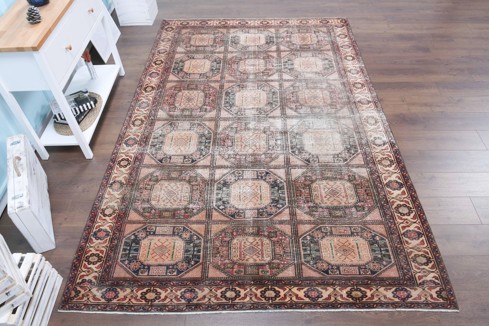 6'3x9'5 ft, ONE OF a KIND, Vintage: Title: 6'3x9'5 ft, ONE OF a KIND, Vintage Description: This Turkish one-of-a-kind Vintage Turkish Rug is hand-knotted and handwoven by the most skilled artisans who use pure wool, in muted, natural to