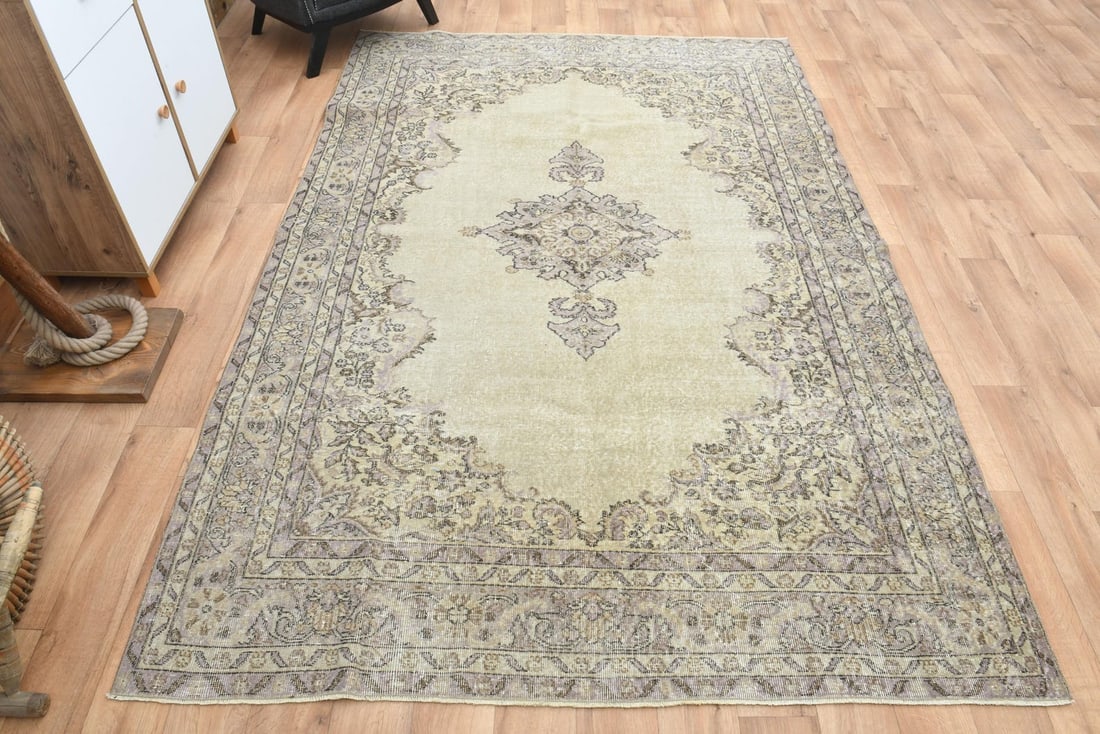 6'8x10'1 ft, FADED AREA RUG: Title: 6'8x10'1 ft, FADED AREA RUG Description: This Turkish one-of-a-kind Vintage Turkish Rug is hand-knotted and handwoven by the most skilled artisans who use pure wool, in muted, natural tones,