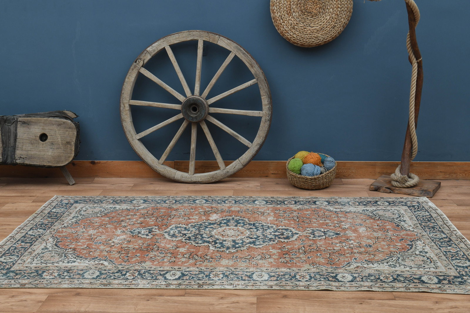 5'2x8'9 ft, ORANGE NAVY BLUE Rug: Title: 5'2x8'9 ft, ORANGE NAVY BLUE Rug Description: This Turkish one-of-a-kind Vintage Turkish Rug is hand-knotted and handwoven by the most skilled artisans who use pure wool, in muted, natural tone