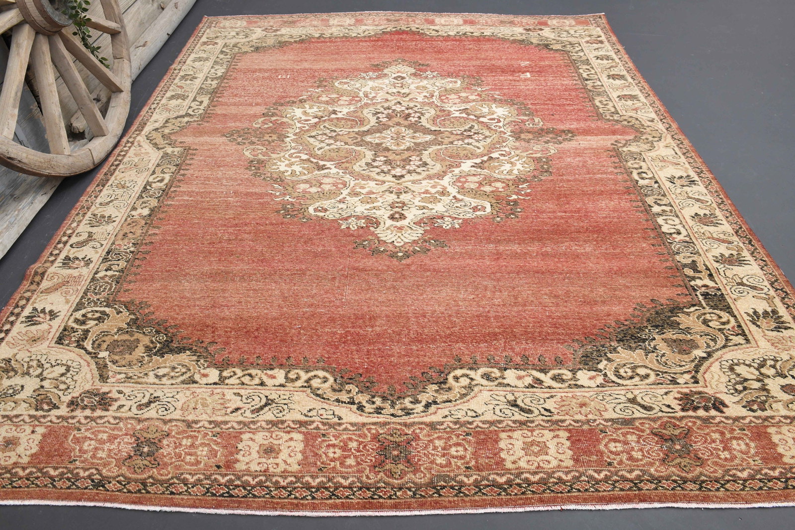 8x10 Turkish Rug, Red Beige Oriental: Title: 8x10 Turkish Rug, Red Beige Oriental Description: This Turkish one-of-a-kind Vintage Turkish Rug is hand-knotted and handwoven by the most skilled artisans who use pure wool, in muted, natural