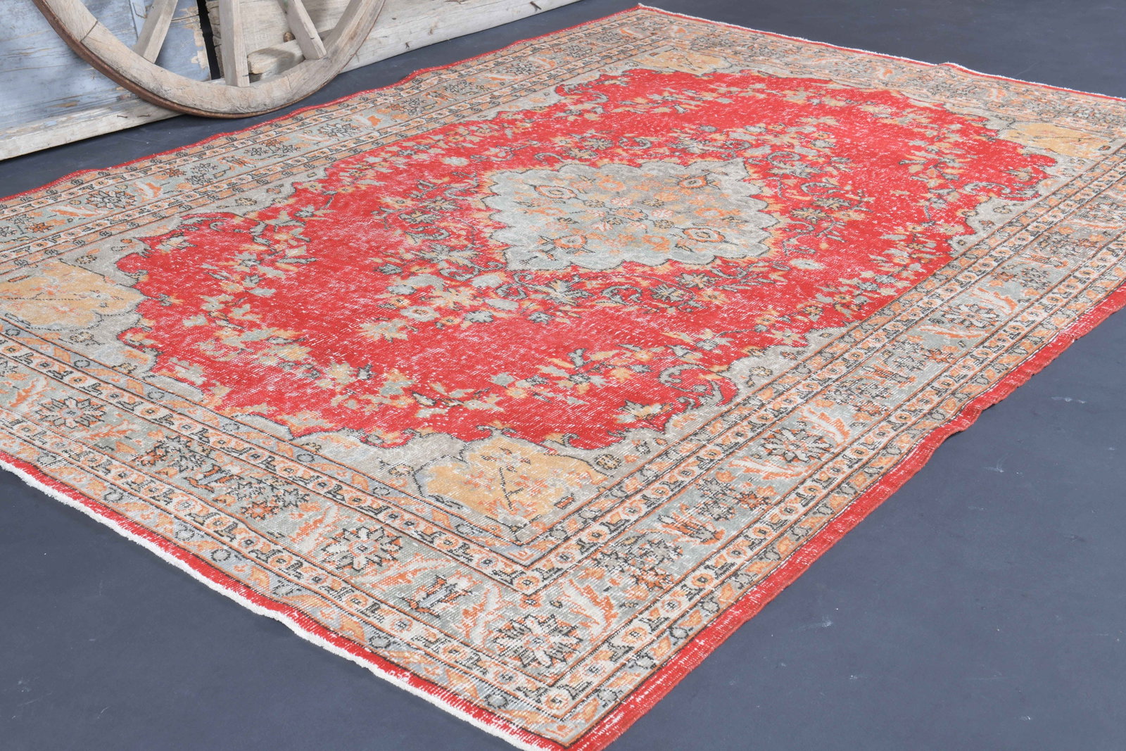 6.6x9.8 Coral Red Area Rug: Title: 6.6x9.8 Coral Red Area Rug Description: This Turkish one-of-a-kind Vintage Turkish Rug is hand-knotted and handwoven by the most skilled artisans who use pure wool, in muted, natural tones,