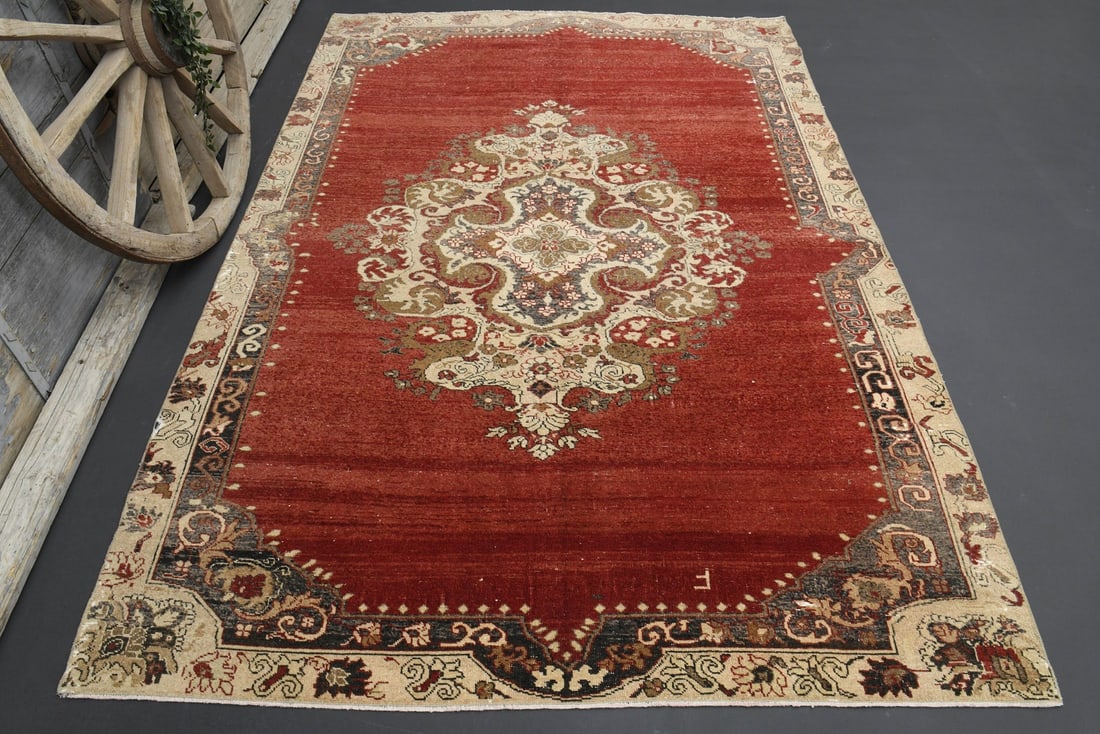 6.6x9.8 Turkish Rug, Red Beige: Title: 6.6x9.8 Turkish Rug, Red Beige Description: This Turkish one-of-a-kind Vintage Turkish Rug is hand-knotted and handwoven by the most skilled artisans who use pure wool, in muted, natural