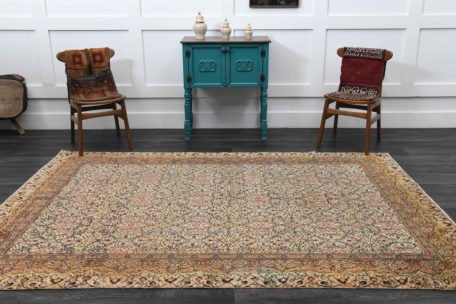 6.4x9.3 ft, Mid 20th Century Rustic Wool Vintage RUG: Title: 6.4x9.3 ft, Mid 20th Century Rustic Wool Vintage RUG Description: This Turkish one-of-a-kind Vintage Turkish Rug is hand-knotted and handwoven by the most skilled artisans who use pure wool, in