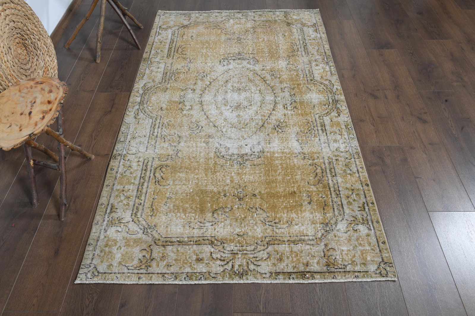 3'7x6'6 ft, ORANGE BEIGE RUG: Title: 3'7x6'6 ft, ORANGE BEIGE RUG Description: This Turkish one-of-a-kind Vintage Turkish Rug is hand-knotted and handwoven by the most skilled artisans who use pure wool, in muted, natural tones,