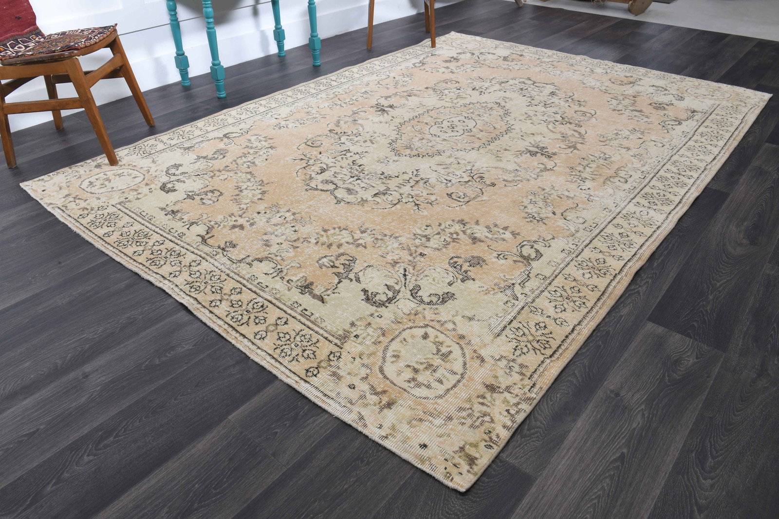6.8x9.7 ft, TURKISH Rug, VINTAGE: Title: 6.8x9.7 ft, TURKISH Rug, VINTAGE Description: This Turkish one-of-a-kind Vintage Turkish Rug is hand-knotted and handwoven by the most skilled artisans who use pure wool, in muted, natural tone
