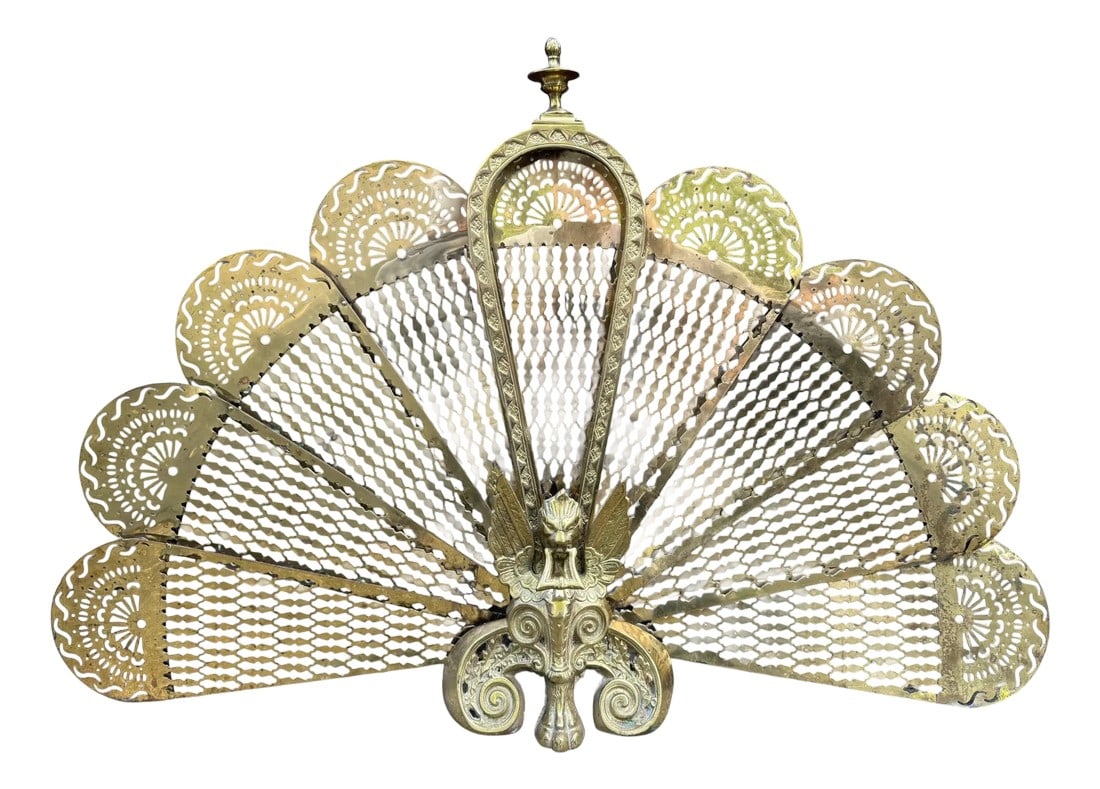 Early 20th Century Brass Griffin Peacock Folding Fan Fireplace Screen (1 of 8)