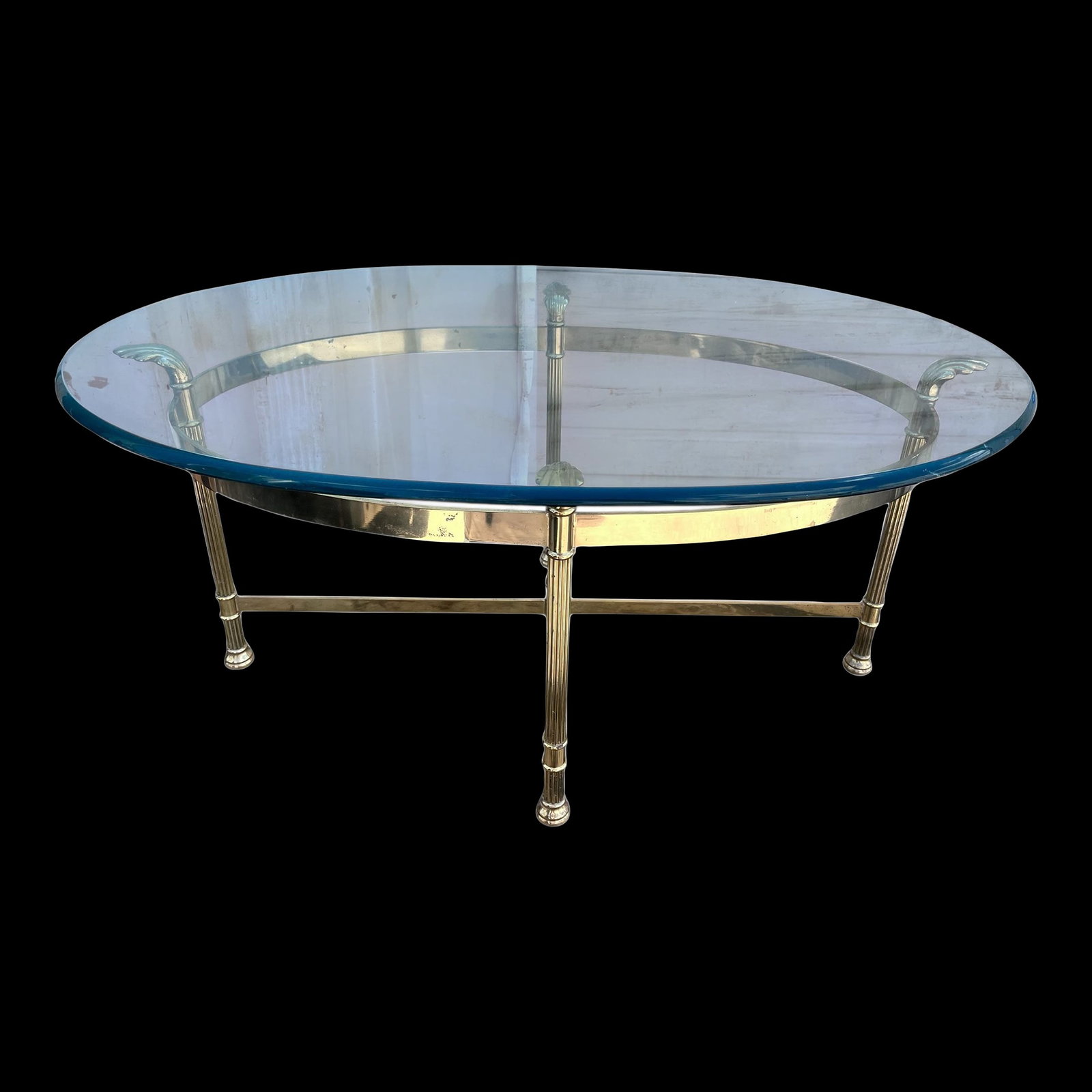 1990s Vintage Oval, Brass Glass, Coffee Table, Italy: Vintage LaBarge, brass and glass oval four legged coffee table manufactured in Italy Condition: Alterations: Original Condition Unaltered Imperfections: Some Imperfections Condition Notes: Vintage/