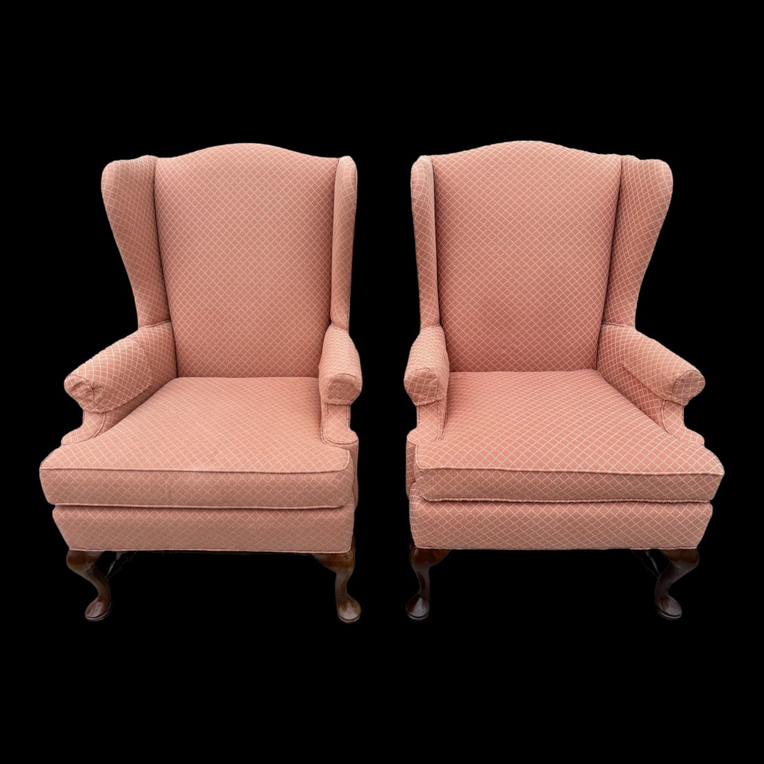 1980s Pennsylvania House Criterion 60 Wingback Chairs - A Pair: Pennsylvania House Criterion 60 Wingback Chairs - A Pair This pair of peach/salmon chairs show well with dark wood cabriole legs with turned cross bars. The fabric is a geometric diamond pattern. The