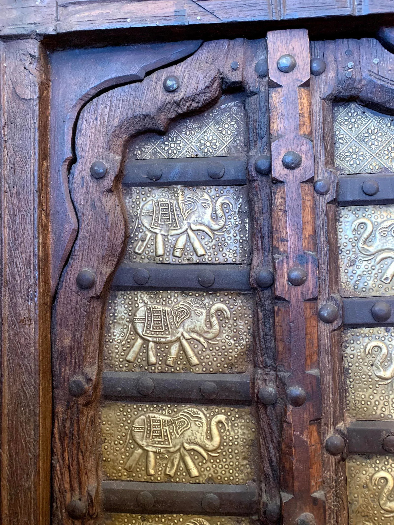 Antique Teak Window With Etched Elephants on Brass Foil - 2