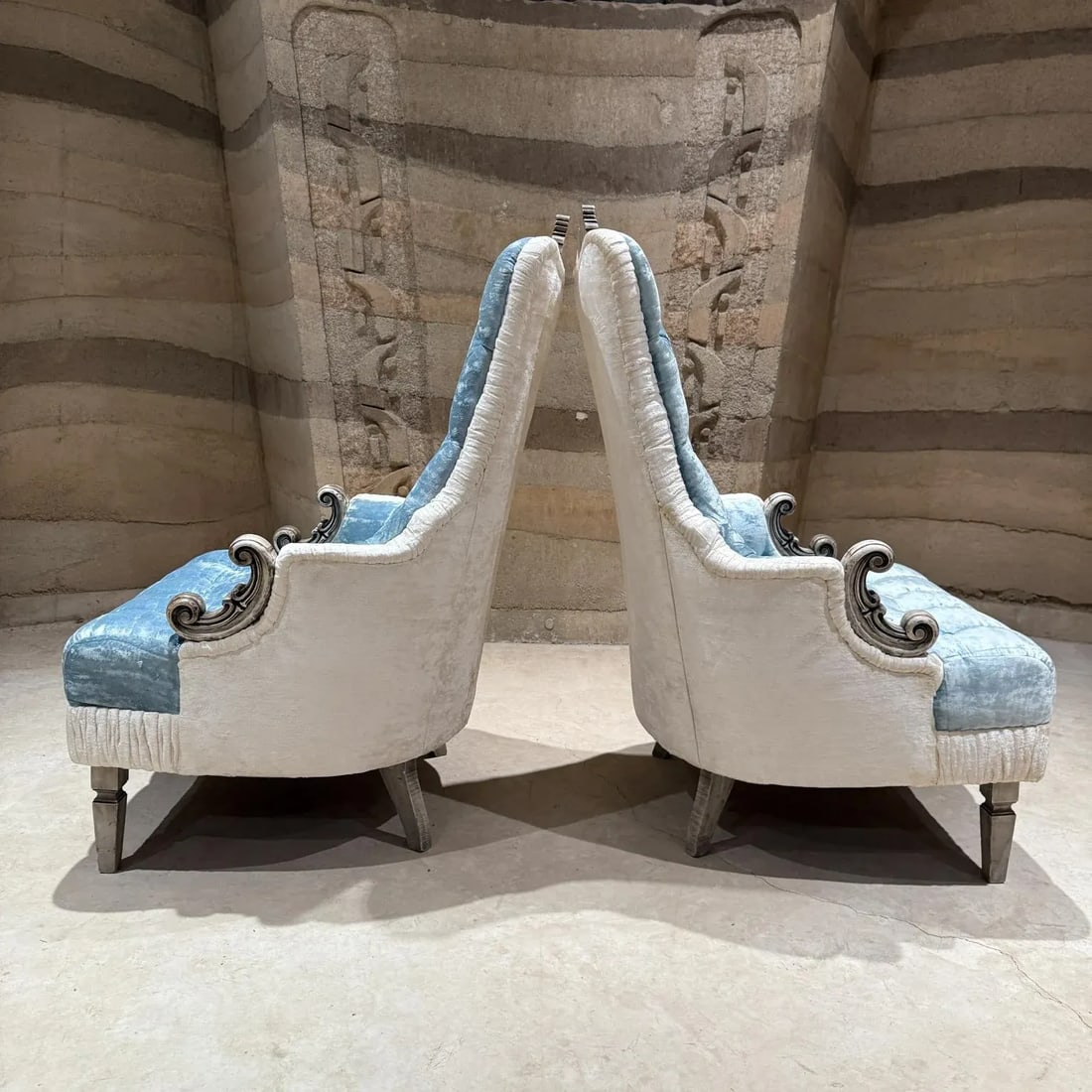 French Hollywood Regency Original Pair Armchairs Tufted Blue White Velvet - 2