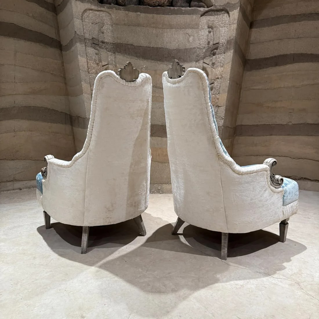 French Hollywood Regency Original Pair Armchairs Tufted Blue White Velvet - 3