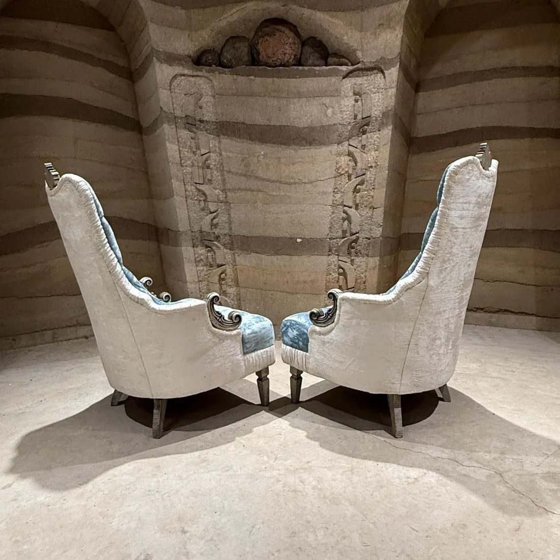 French Hollywood Regency Original Pair Armchairs Tufted Blue White Velvet - 7