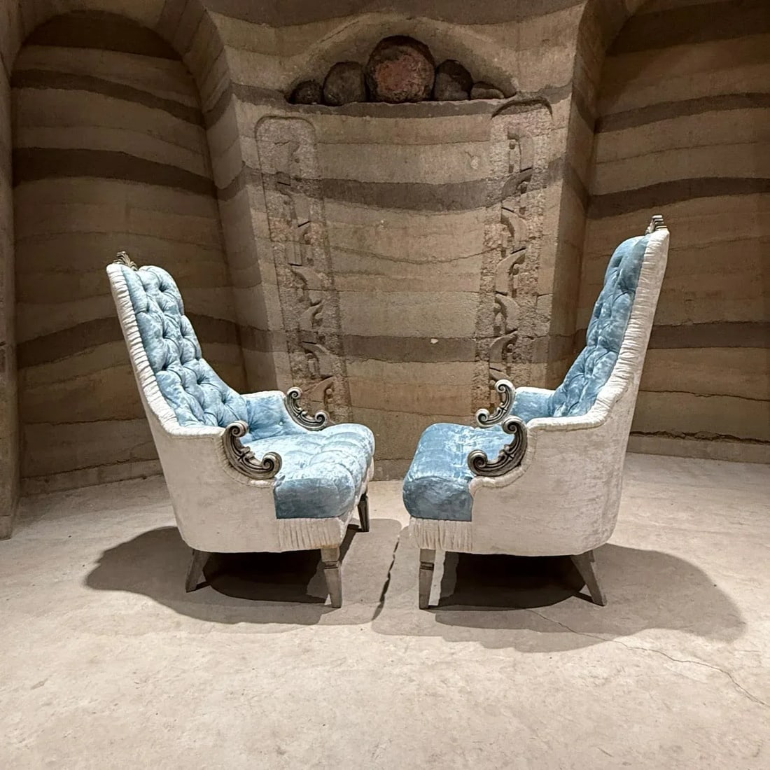 French Hollywood Regency Original Pair Armchairs Tufted Blue White Velvet - 8