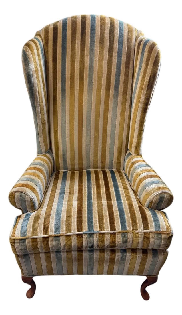 Mid 20th Century Laine Queen Anne Style Striped Velvet Upholstered Wingback Chair (1 of 12)