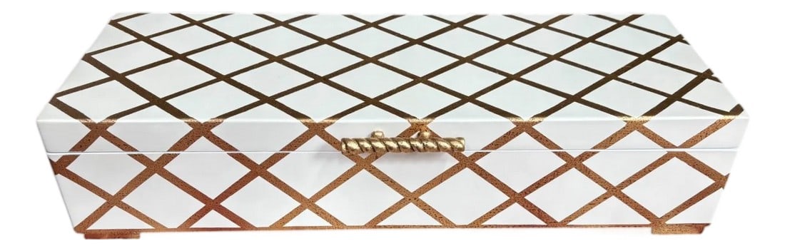 Chelsea House White and Gold Striped Showroom Sample Box: Chelsea House White and Gold Striped Showroom Sample Box This rectangle box is elegant yet simple. It has a white base coat with gold gilding in a diamond grid pattern. The brass tone hinges are
