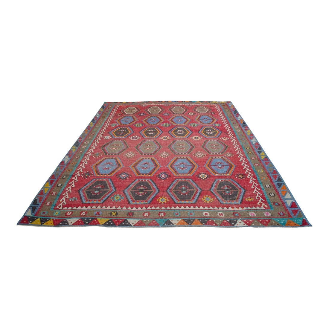 Vintage Hand-Woven Wool Turkish Rug - 8"²8"³ X 11"²7"³: This monumental 1950s village kilim originates from the Sharkishla district of Sivas, a region in Central Anatolia renowned for its bold tribal geometries. Originally woven for personal domestic use
