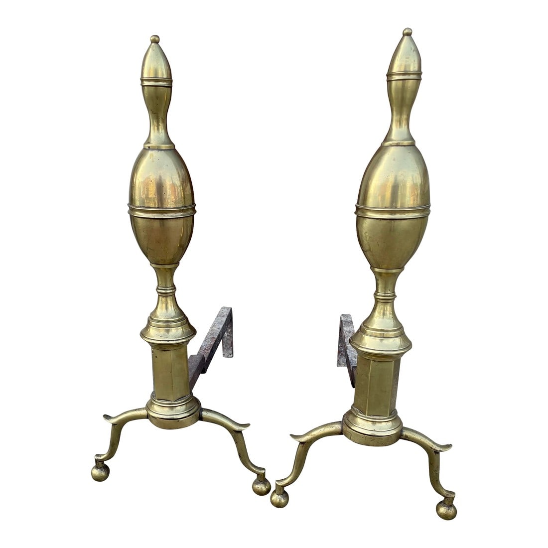 Antique American Double Lemon Top Federal Style Brass Andirons: This is a classic and classy pair of antique brass andirons in the Federal double lemon style. They are in good condition with only the expected wear from age and use and would be a wonderful
