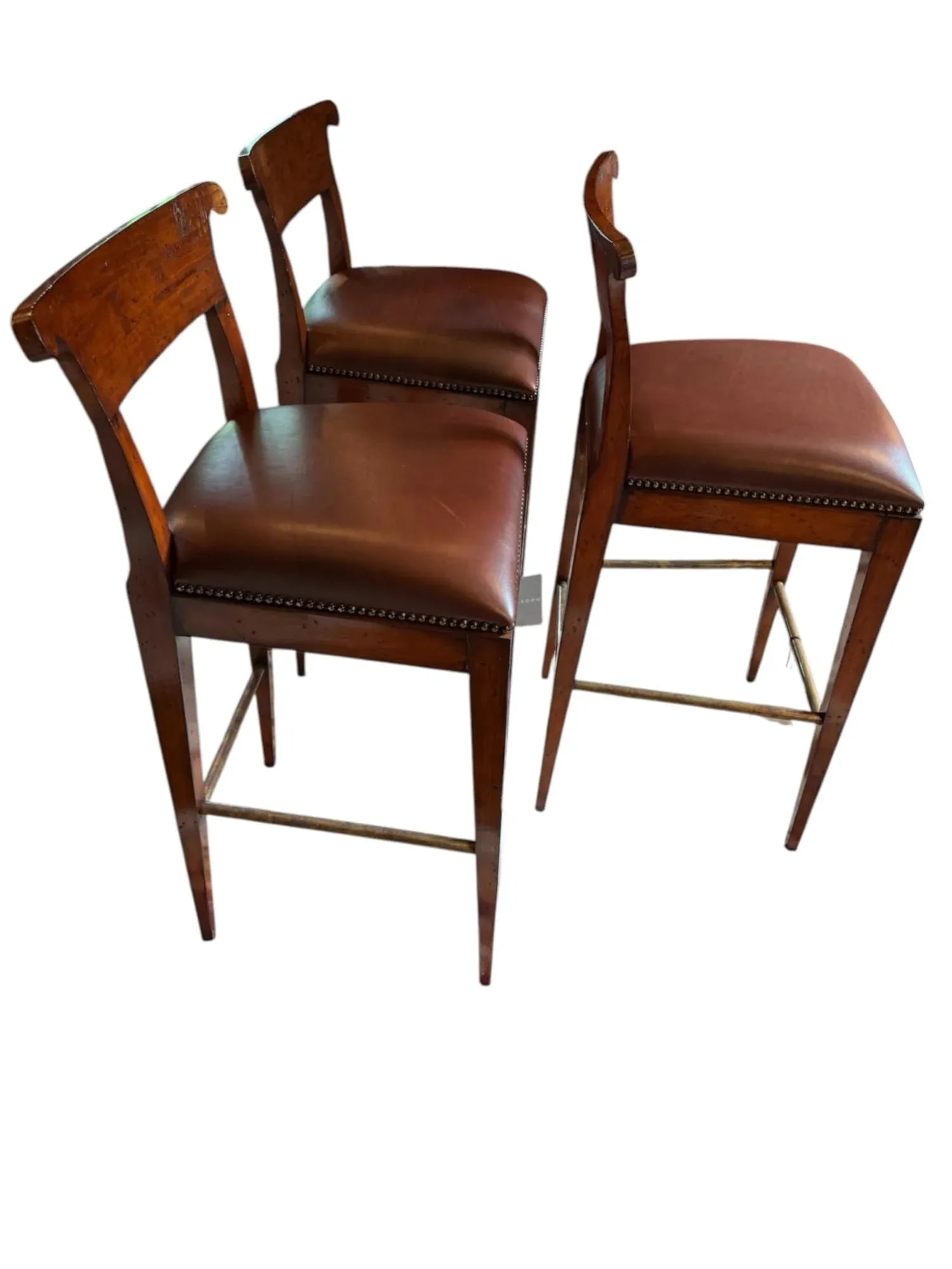 New Henredon Acquisitions Leather Wood and Brass Bar Stools - A Set of 3 - 3