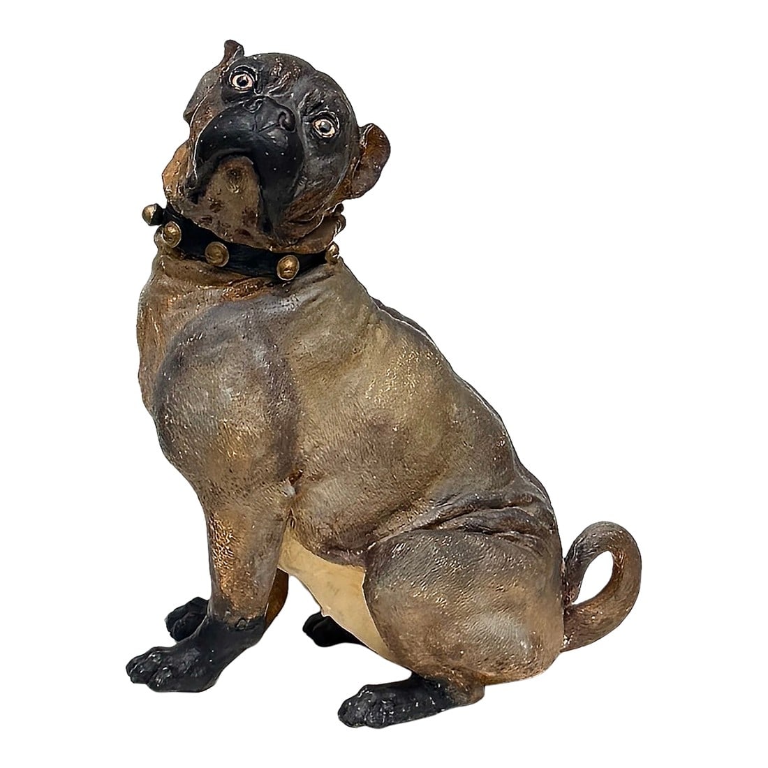 Antique Terracotta Bulldog Statue 19th Century: A soulful 19th century English terracotta bulldog, complete with glass eyes and a studded collar. Its subtly textured coat and hand-painted finish bring lifelike depth, making this Victorian figure a