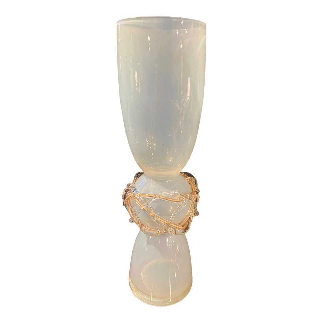 1990s Global Views Handcrafted White Art Glass Vase: Item: Art Glass Vase Style: Abstract, Art Deco, Postmodern Brand: Global Views Period: 1990s Country of Origin: Poland Dimensions: 6.5ÊºW × 6.5ÊºD × 22ÊºH Materials: Opaline Glass