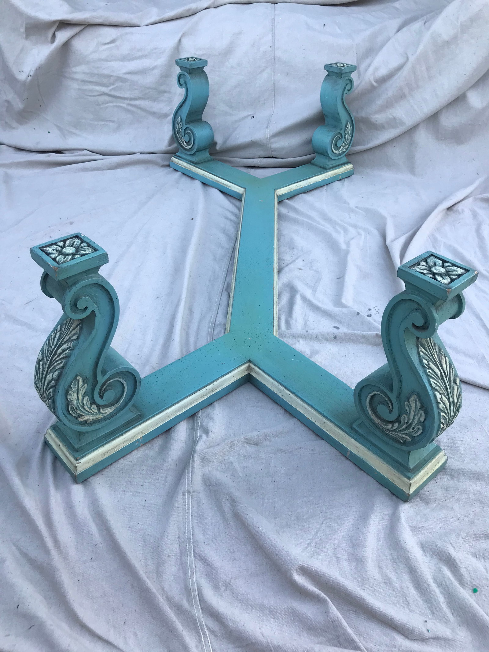 Vintage Turquoise Blue Wood Corbel Coffee Table Base - 2