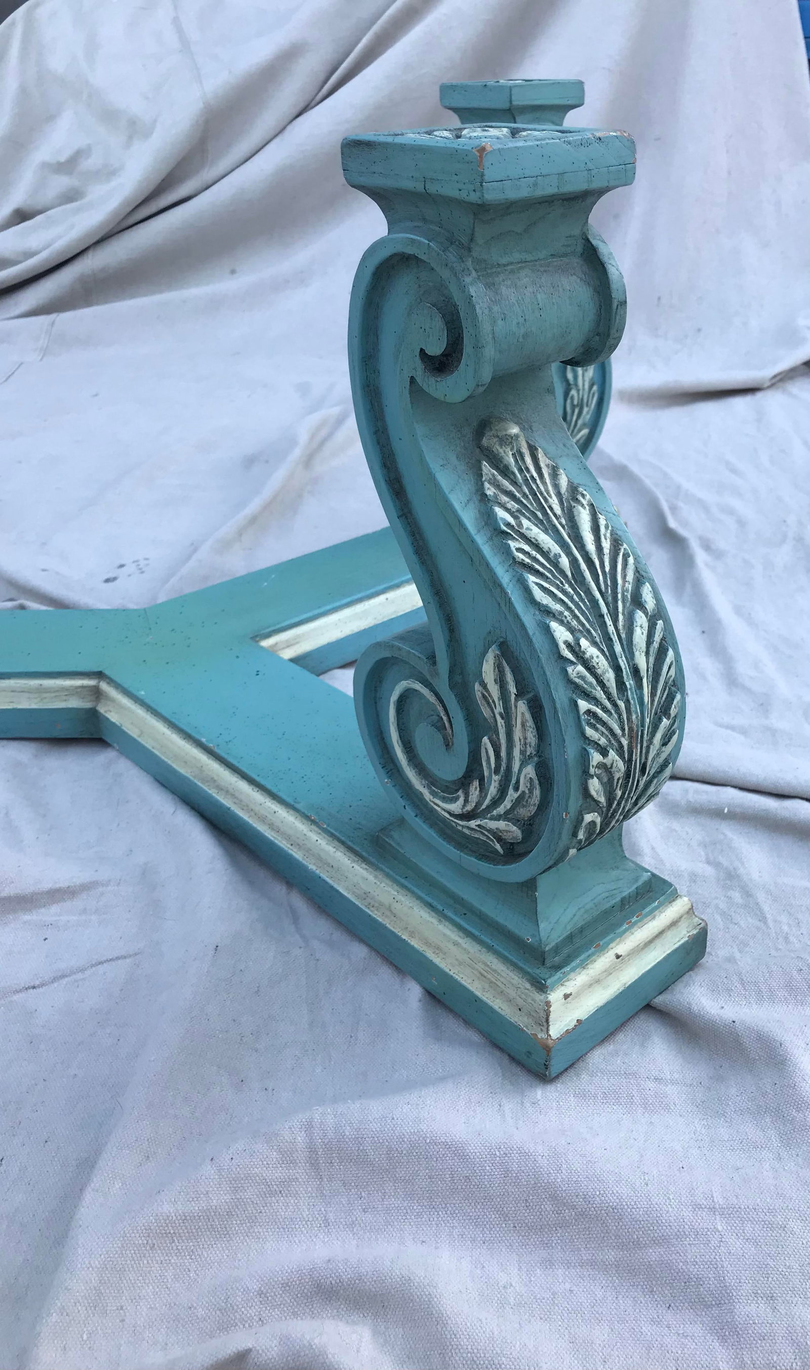 Vintage Turquoise Blue Wood Corbel Coffee Table Base - 9