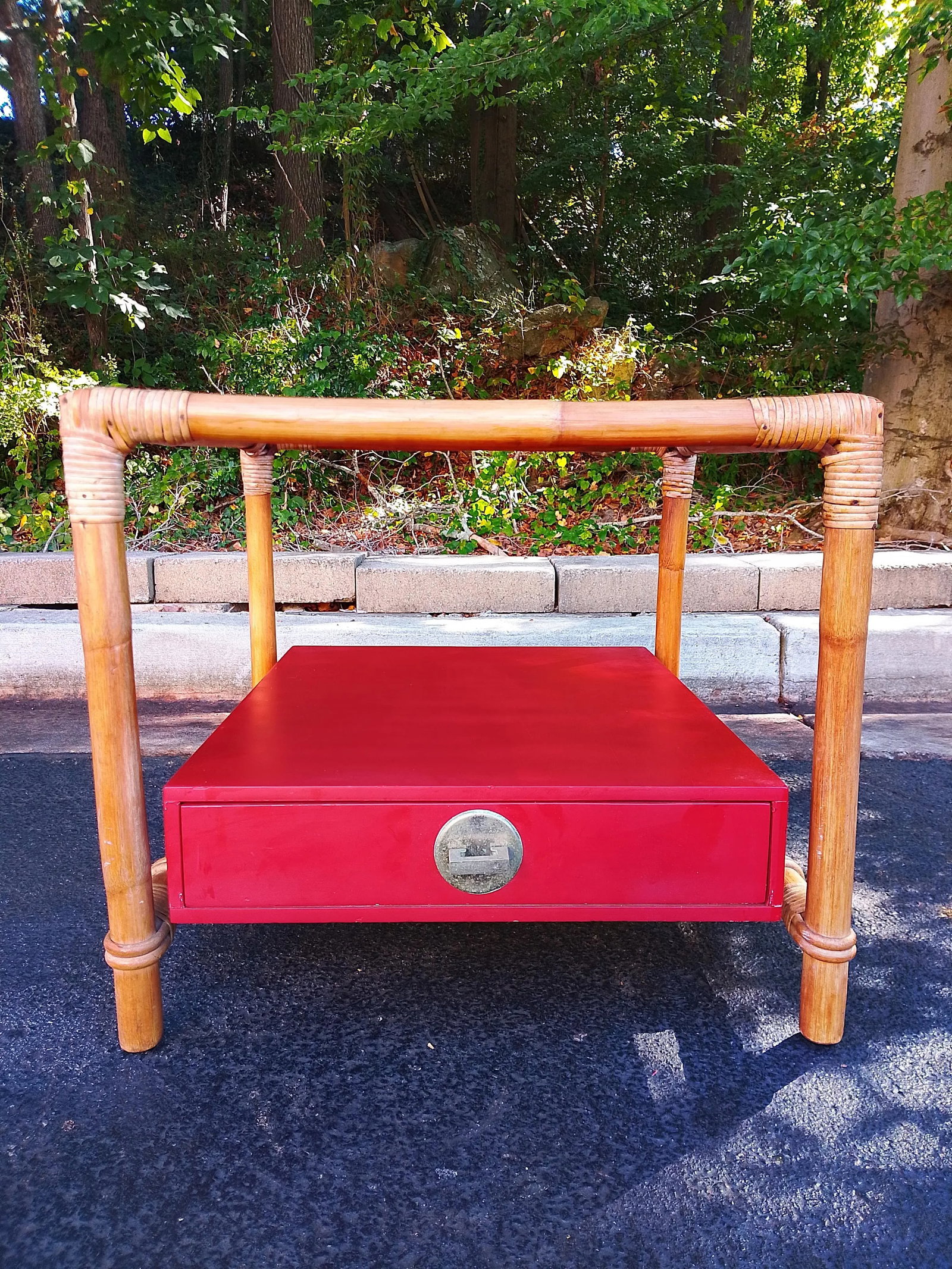 John Wisner for Ficks Reed Attributed Rattan Side Table With Chinese Red Drawer and Nickel Hardware - 7