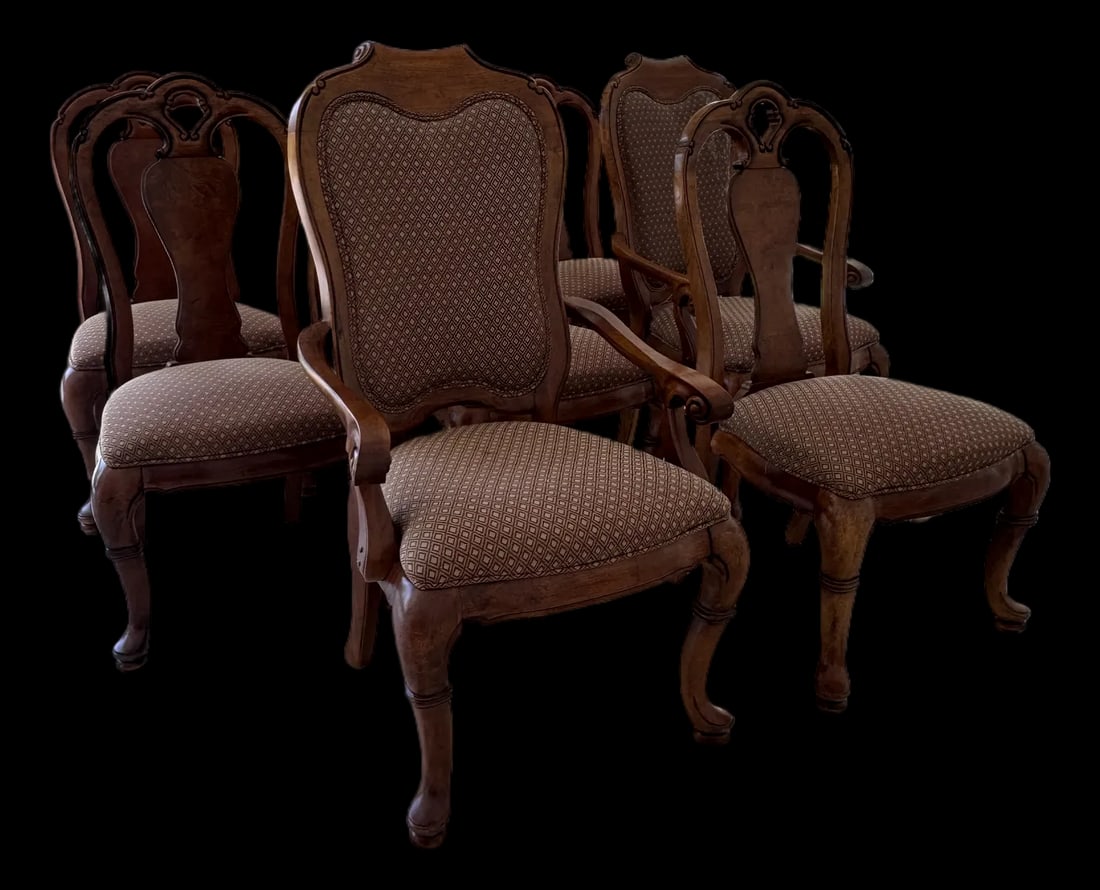 Thomasville Vintage British Gentry Burl Oak Dining Chairs - Set of 8: Elevate your dining space with this set of eight Thomasville British Gentry dining chairs, crafted from rich burl oak and showcasing the timeless elegance of traditional English design. Each chair fea