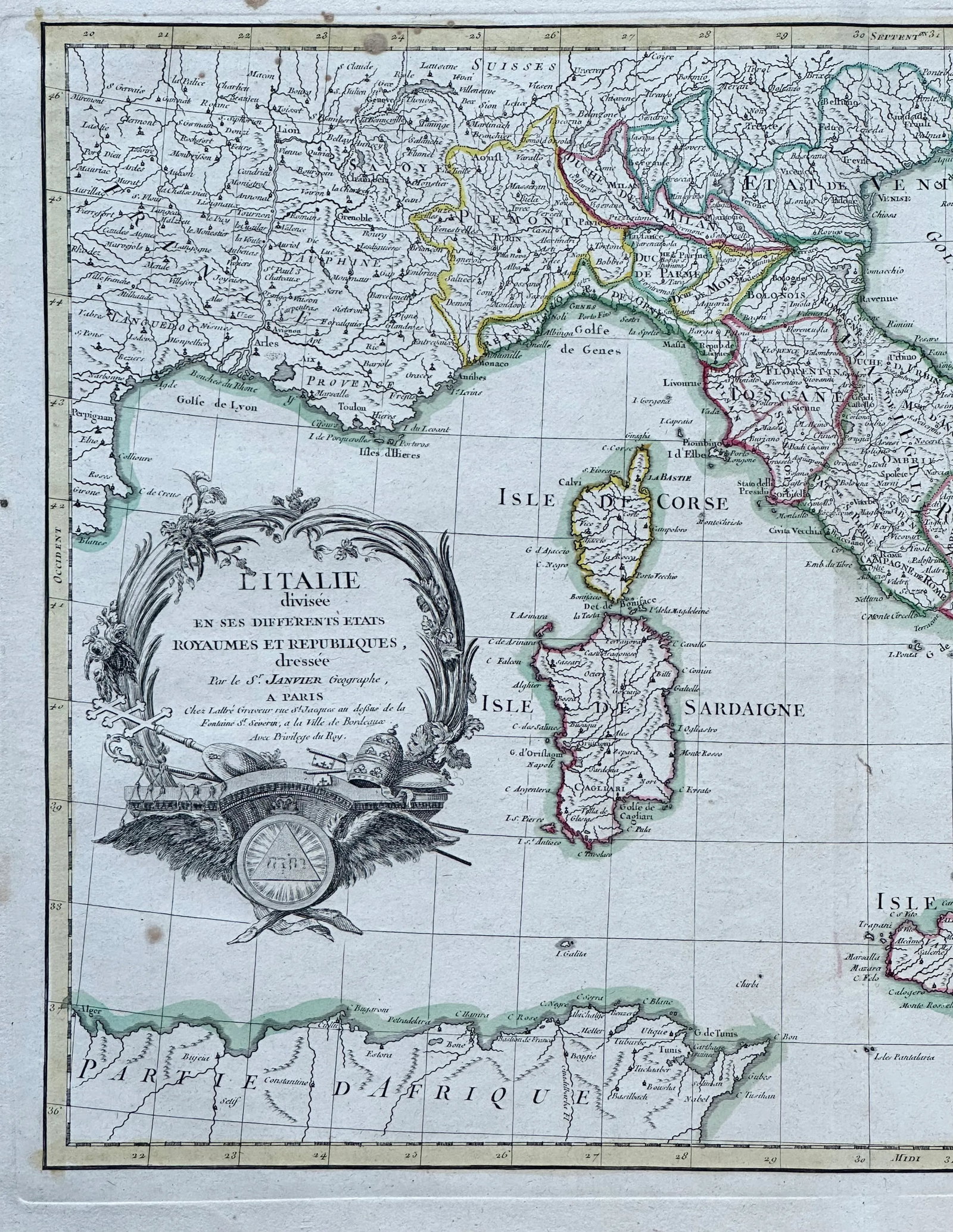 Antique Map of Italy and Corsica, Sardinia, and Sicily by Janvier, 1783 - 4