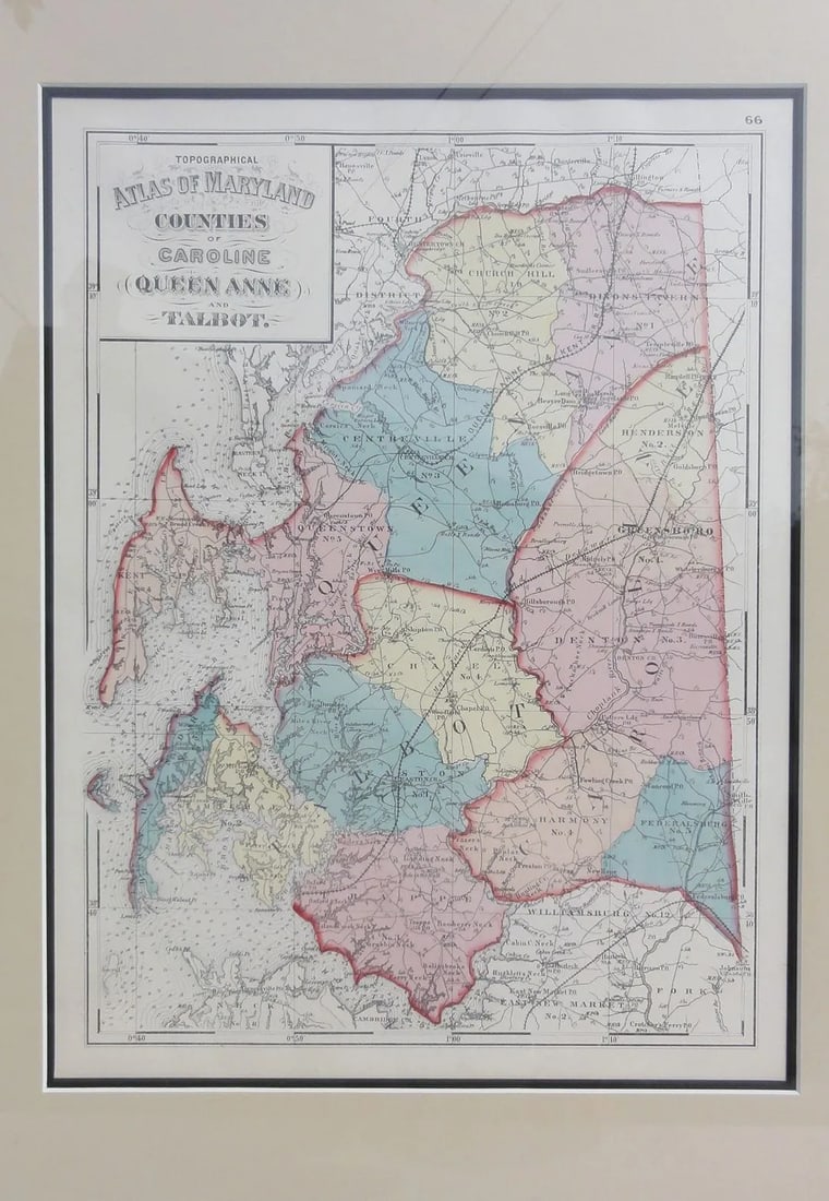 Maryland: Talbot, Queen Anne & Caroline, Framed Antique Map, Circa 1873 - 3