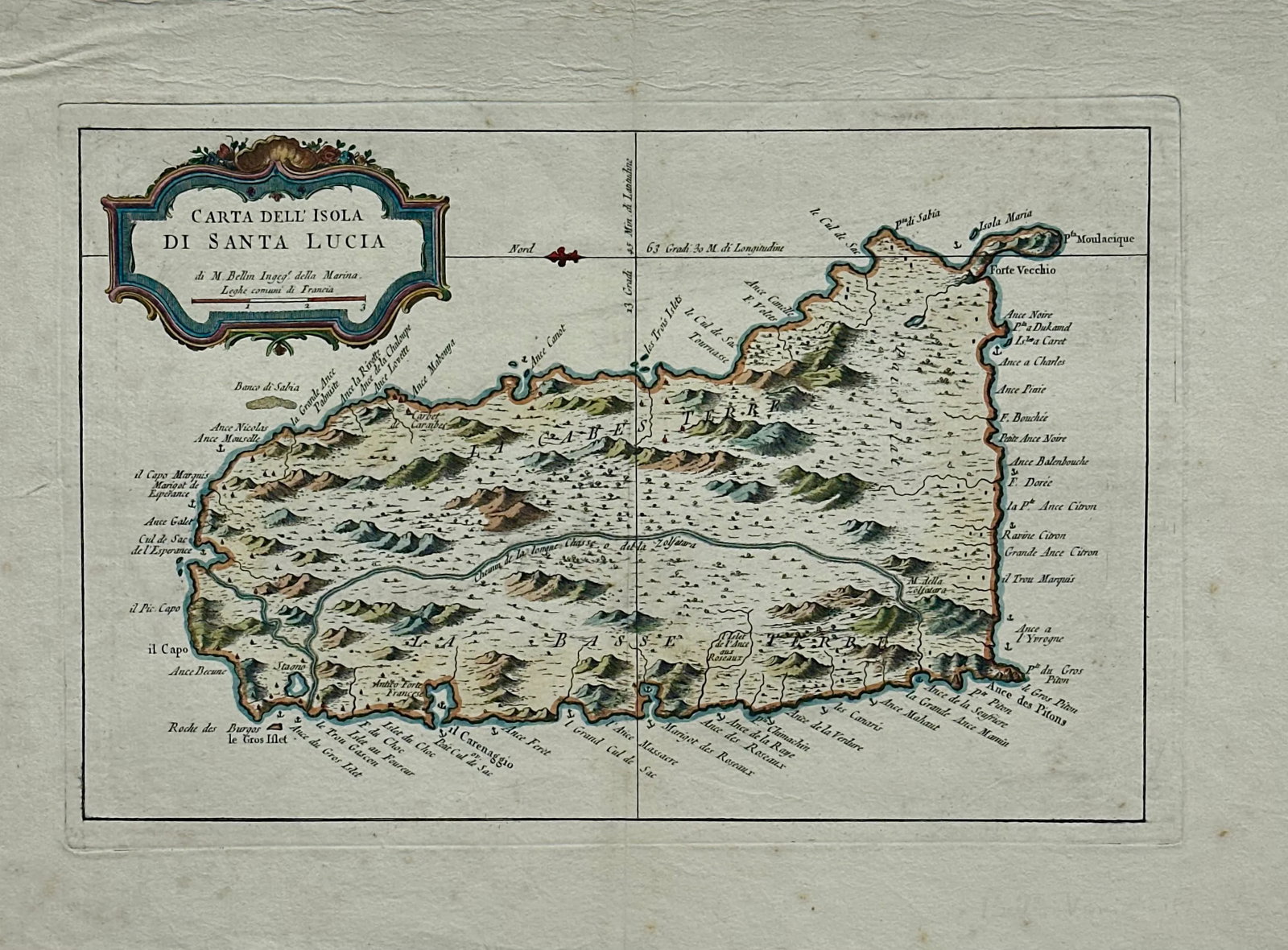 St. Lucia Original Map by Jacques Bellin, 1781 - 2