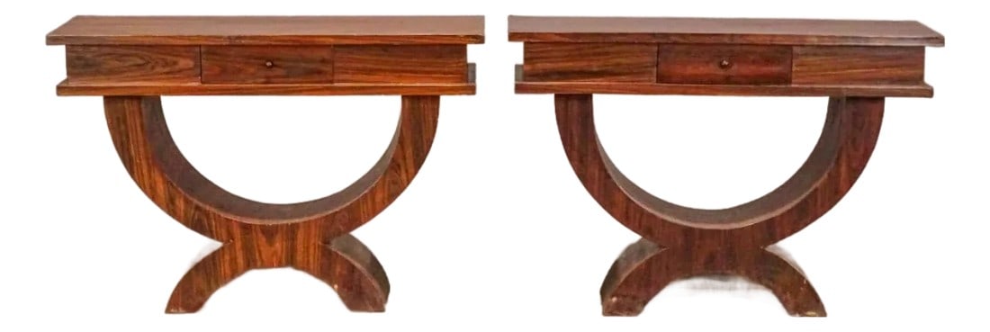 Mid 20th Century Rosewood Grained Deco Style Console or Hall Tables - Pair: A very striking pair of rosewood heavily grained Art Deco style hall tables or consoles perfect for the opposing ends of a great room Each has its own drawer. Of indeterminate age 71/2" x 14