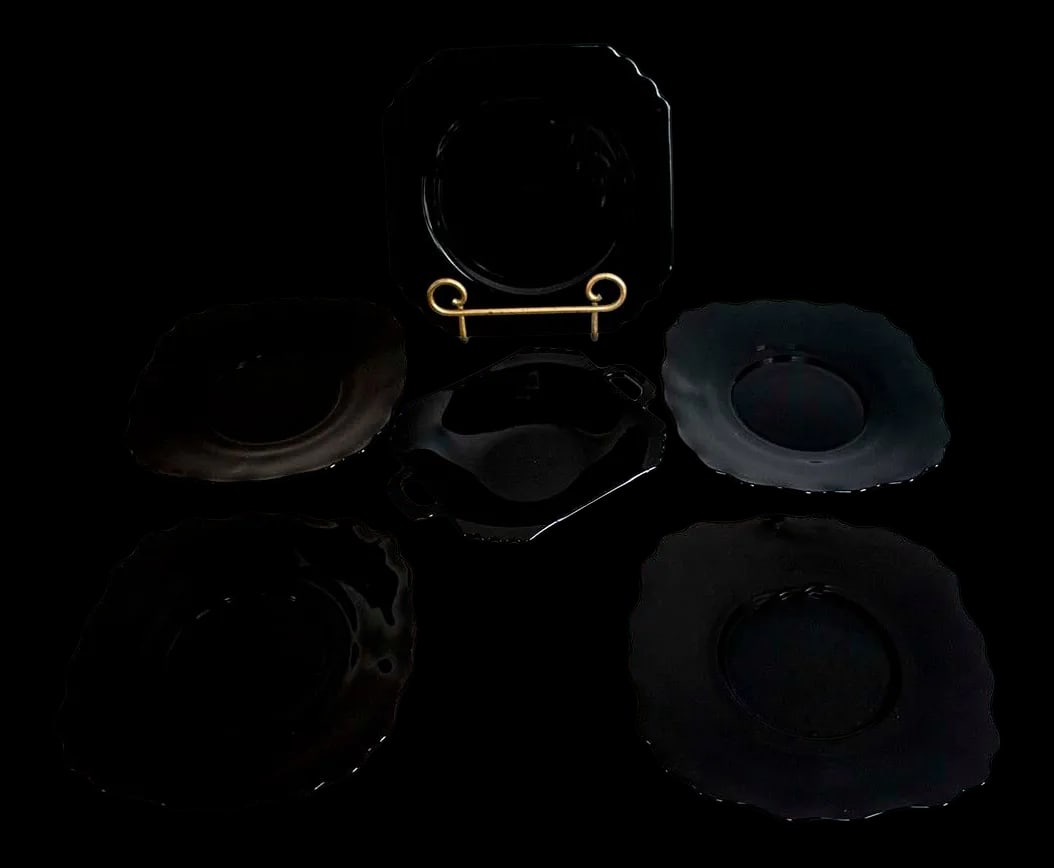 1960s Mid-Century Modern Black Depression Glass Dessert Set - 6 Pieces: Lot of 6 pieces of mid-century black depression glass. Set consists of 1 handled bowl 7 1/2" handle to handle x 6" x 2" high, 4 plates 8" square (2 are flat, 2 slightly curved) & 1 larger plate 8