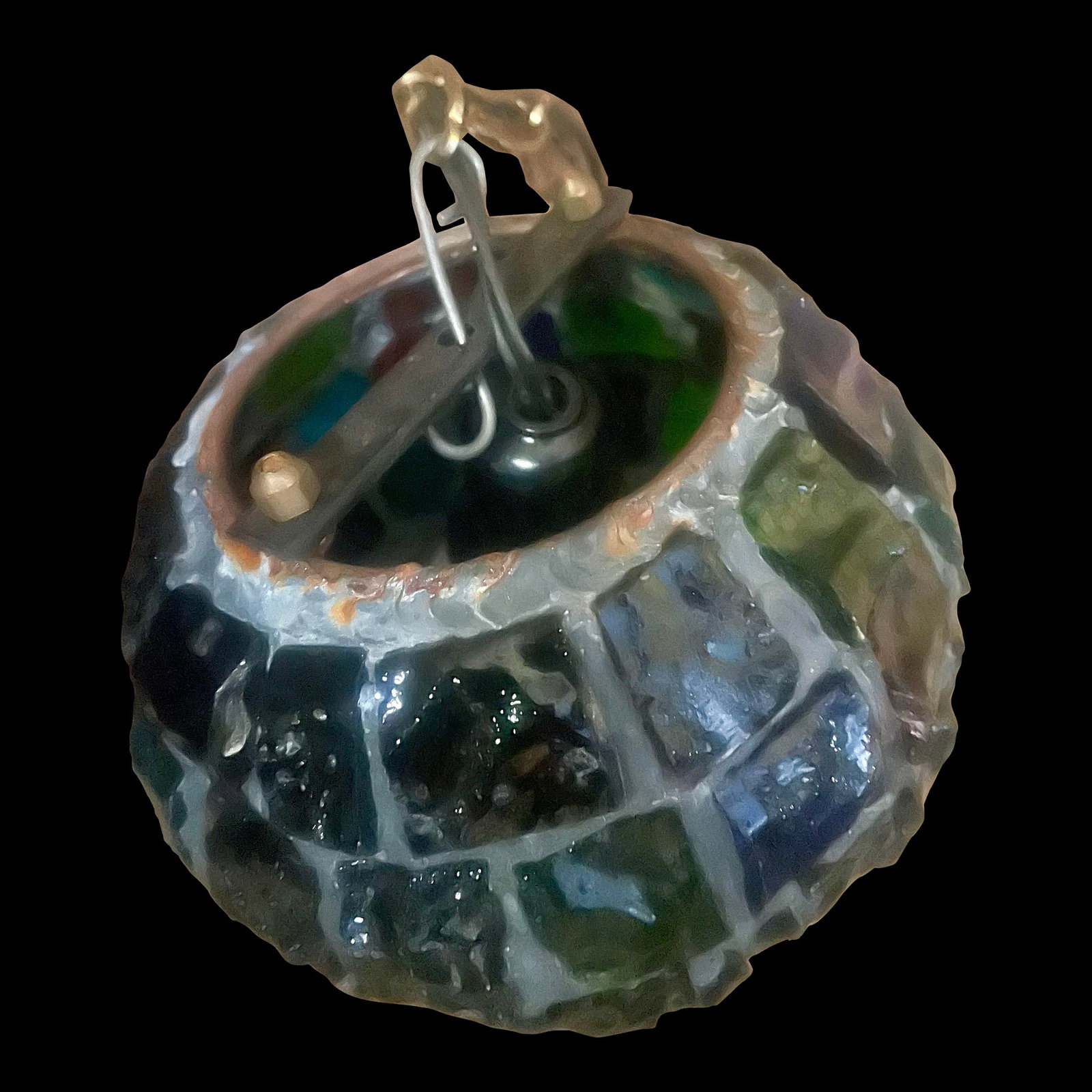 Peter Marsh Brutalist Hanging Colored Glass Chunk Fragment Globe Pendant Light: This is a fantastic brutalist style hanging globe made of large chunks of glass fragments in a multitude of colors soldered together. It is not signed but I have seen others like this attributed to Pe