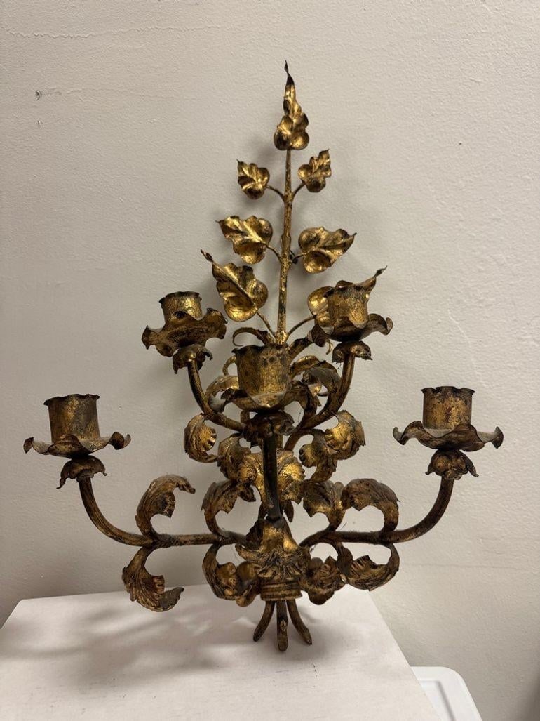 Antique Italian Wall Sconce Candelabra With Gilt Gold Leaf Motif for Five Candles, C. 1920s - 2