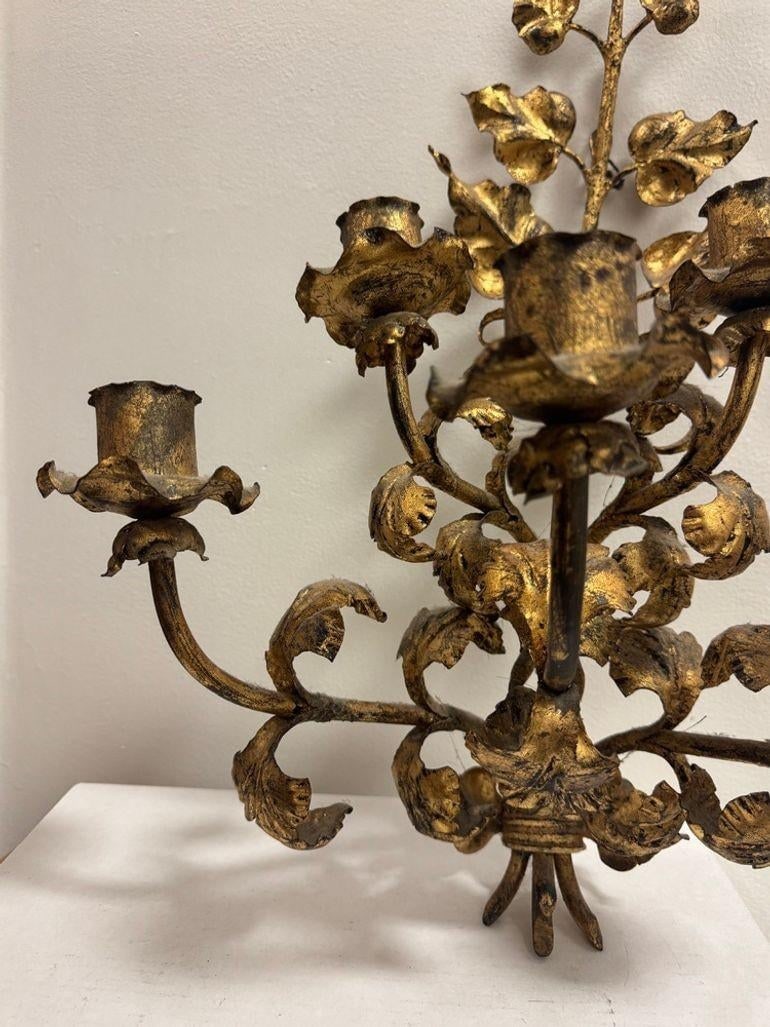 Antique Italian Wall Sconce Candelabra With Gilt Gold Leaf Motif for Five Candles, C. 1920s - 5