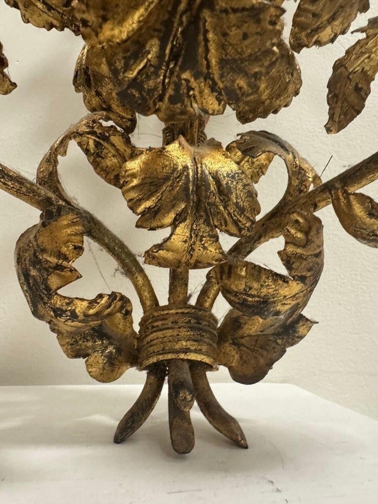 Antique Italian Wall Sconce Candelabra With Gilt Gold Leaf Motif for Five Candles, C. 1920s - 7